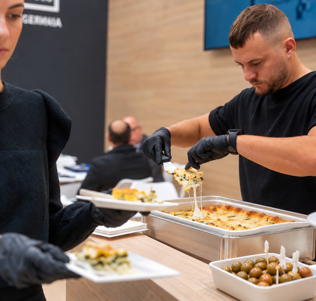 Addetto al catering serve un piatto caldo durante un evento fieristico a Milano, con buffet e olive in una ciotola di ceramica