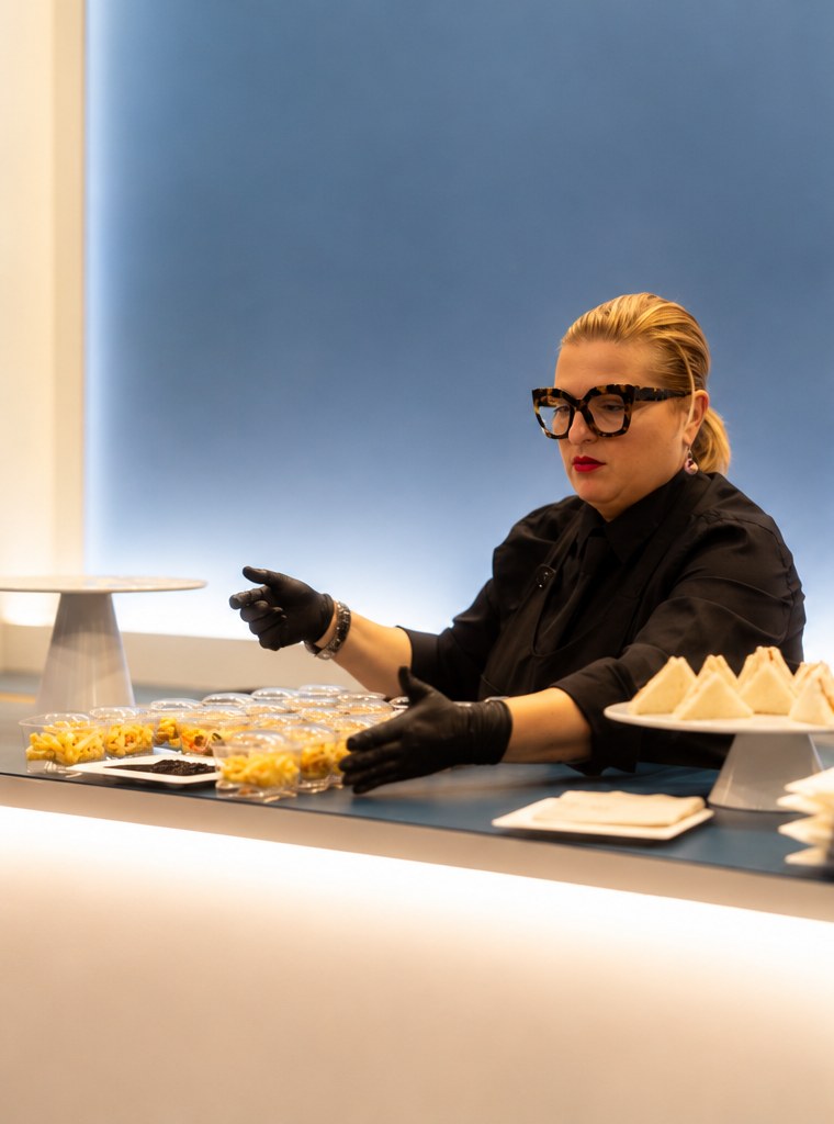Addetta catering durante il servizio hospitality allo stand fieristico, con tramezzini e monoporzioni