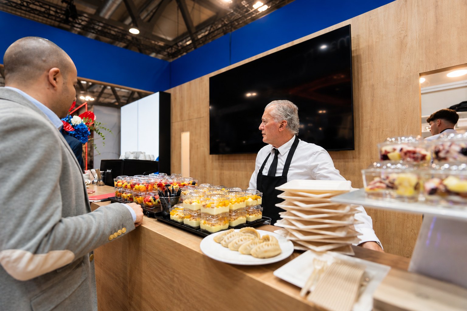 Personale di catering accoglie un ospite presso un banco hospitality allestito con monoporzioni durante una fiera